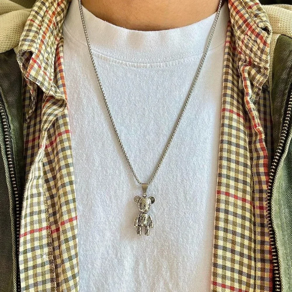 y2k grunge chrome silver bear peace pendant necklace